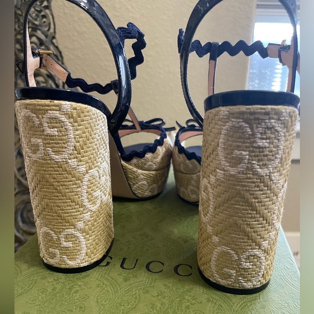 Gucci Natural/Royal Kertu Rafia  GG Platform Heels 41.5 - Picture 8 of 12